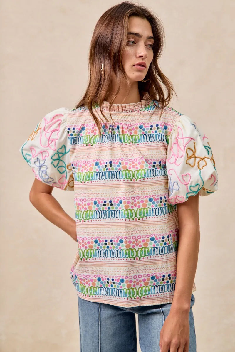 Ruffle Neckline Blouse With Embroidery Bubble Sleeve-BiBi-Reef Love