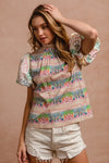 Ruffle Neckline Blouse With Embroidery Bubble Sleeve-BiBi-Reef Love