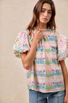 Ruffle Neckline Blouse With Embroidery Bubble Sleeve-BiBi-Reef Love