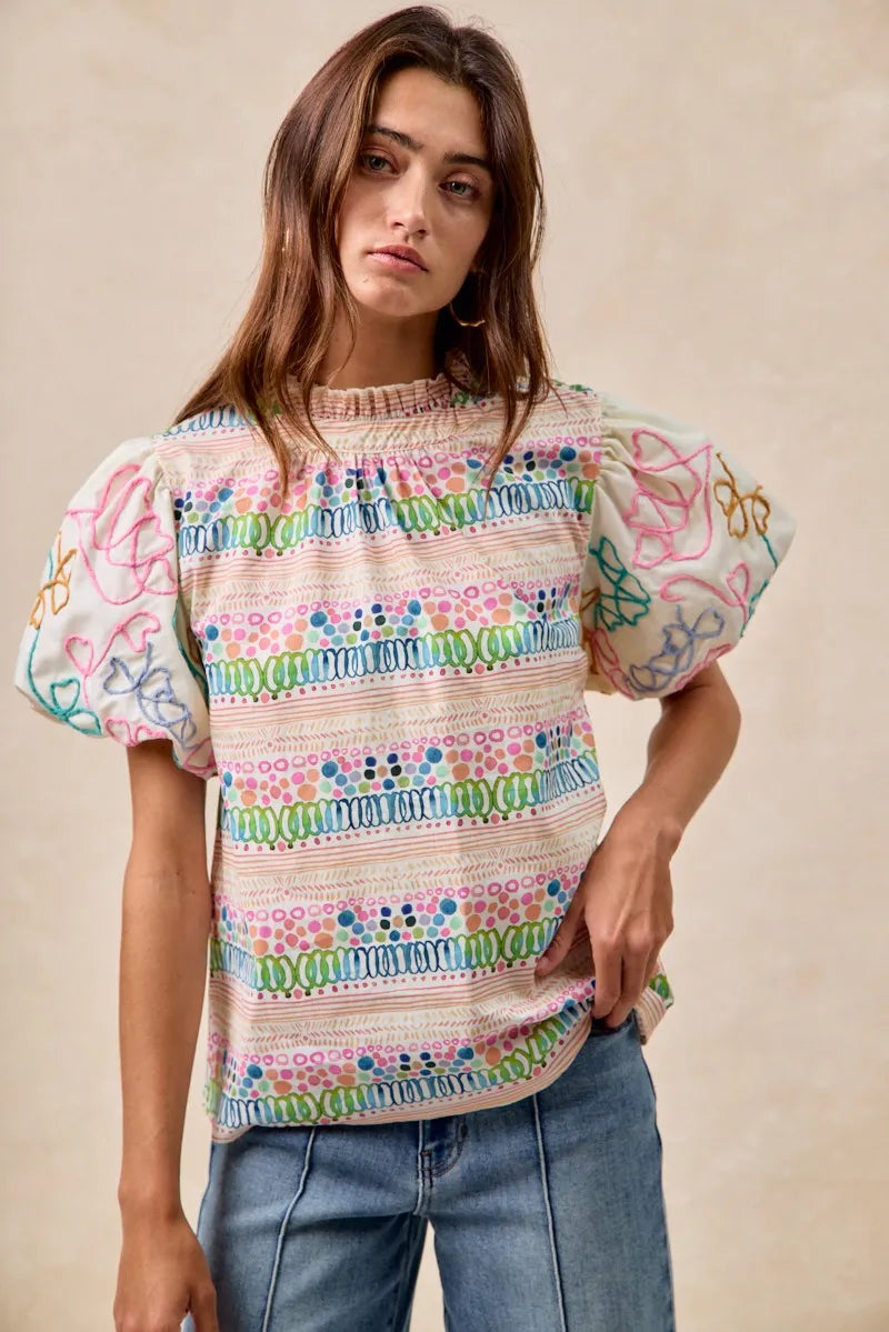 Ruffle Neckline Blouse With Embroidery Bubble Sleeve-BiBi-Reef Love