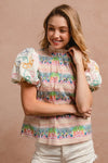 Ruffle Neckline Blouse With Embroidery Bubble Sleeve-BiBi-Reef Love
