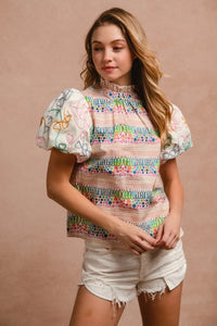 Ruffle Neckline Blouse With Embroidery Bubble Sleeve-BiBi-Reef Love
