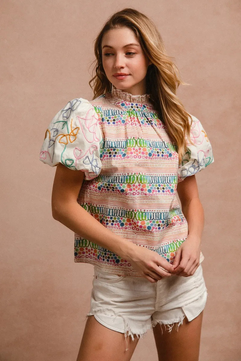 Ruffle Neckline Blouse With Embroidery Bubble Sleeve-BiBi-Reef Love