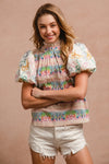 Ruffle Neckline Blouse With Embroidery Bubble Sleeve-BiBi-Reef Love