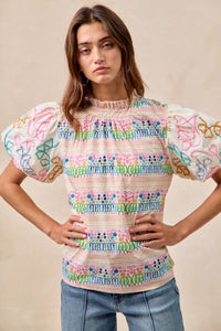 Ruffle Neckline Blouse With Embroidery Bubble Sleeve-BiBi-Reef Love
