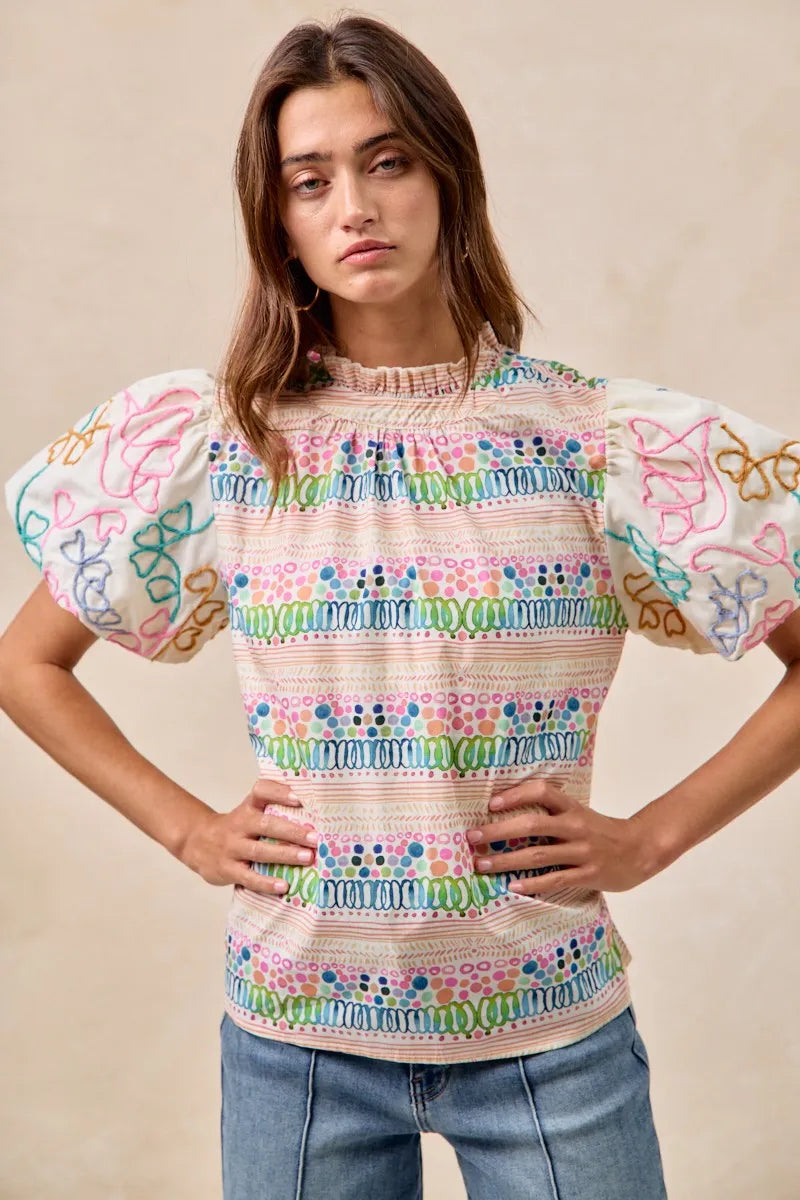 Ruffle Neckline Blouse With Embroidery Bubble Sleeve-BiBi-Reef Love