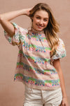 Ruffle Neckline Blouse With Embroidery Bubble Sleeve-BiBi-Reef Love