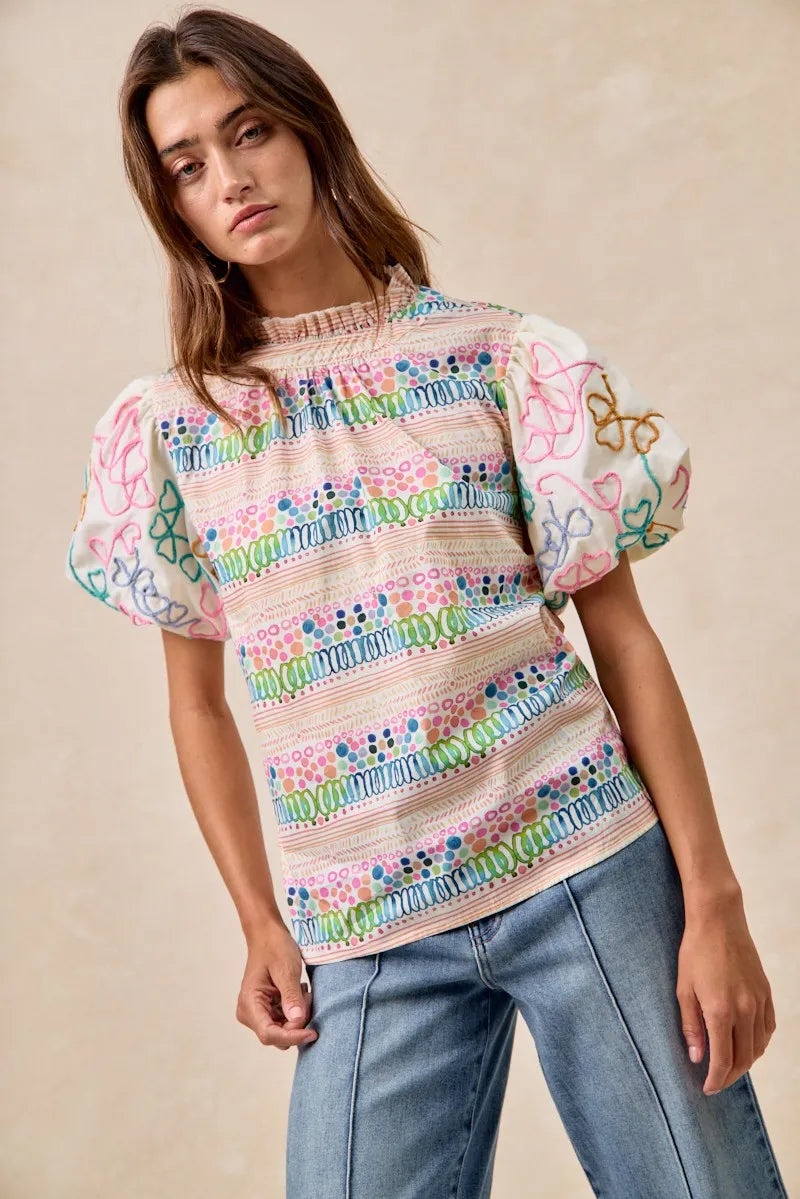 Ruffle Neckline Blouse With Embroidery Bubble Sleeve-BiBi-Reef Love