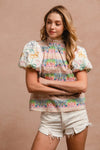 Ruffle Neckline Blouse With Embroidery Bubble Sleeve-BiBi-Reef Love