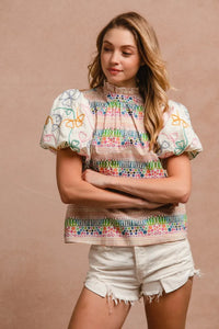 Ruffle Neckline Blouse With Embroidery Bubble Sleeve-BiBi-Reef Love