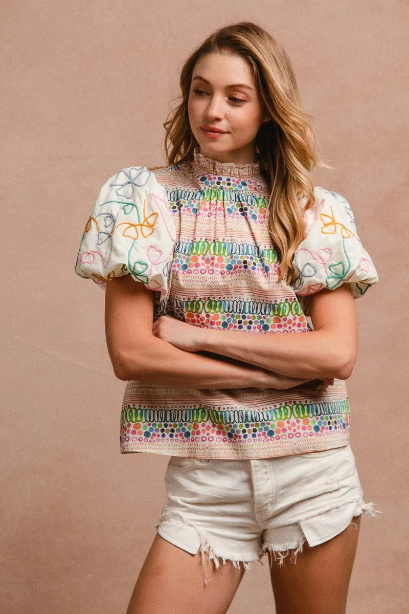 Ruffle Neckline Blouse With Embroidery Bubble Sleeve-BiBi-Reef Love