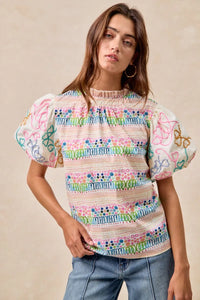Ruffle Neckline Blouse With Embroidery Bubble Sleeve-BiBi-Reef Love