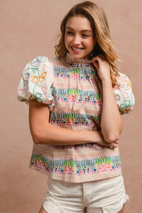 Ruffle Neckline Blouse With Embroidery Bubble Sleeve-BiBi-Reef Love