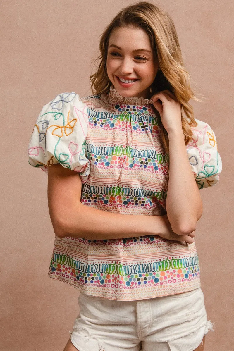 Ruffle Neckline Blouse With Embroidery Bubble Sleeve-BiBi-Reef Love