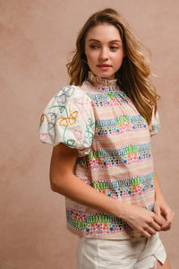 Ruffle Neckline Blouse With Embroidery Bubble Sleeve-BiBi-Reef Love