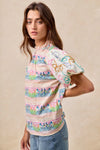 Ruffle Neckline Blouse With Embroidery Bubble Sleeve-BiBi-Reef Love