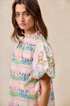 Ruffle Neckline Blouse With Embroidery Bubble Sleeve-BiBi-Reef Love