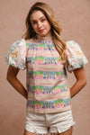 Ruffle Neckline Blouse With Embroidery Bubble Sleeve-BiBi-Reef Love