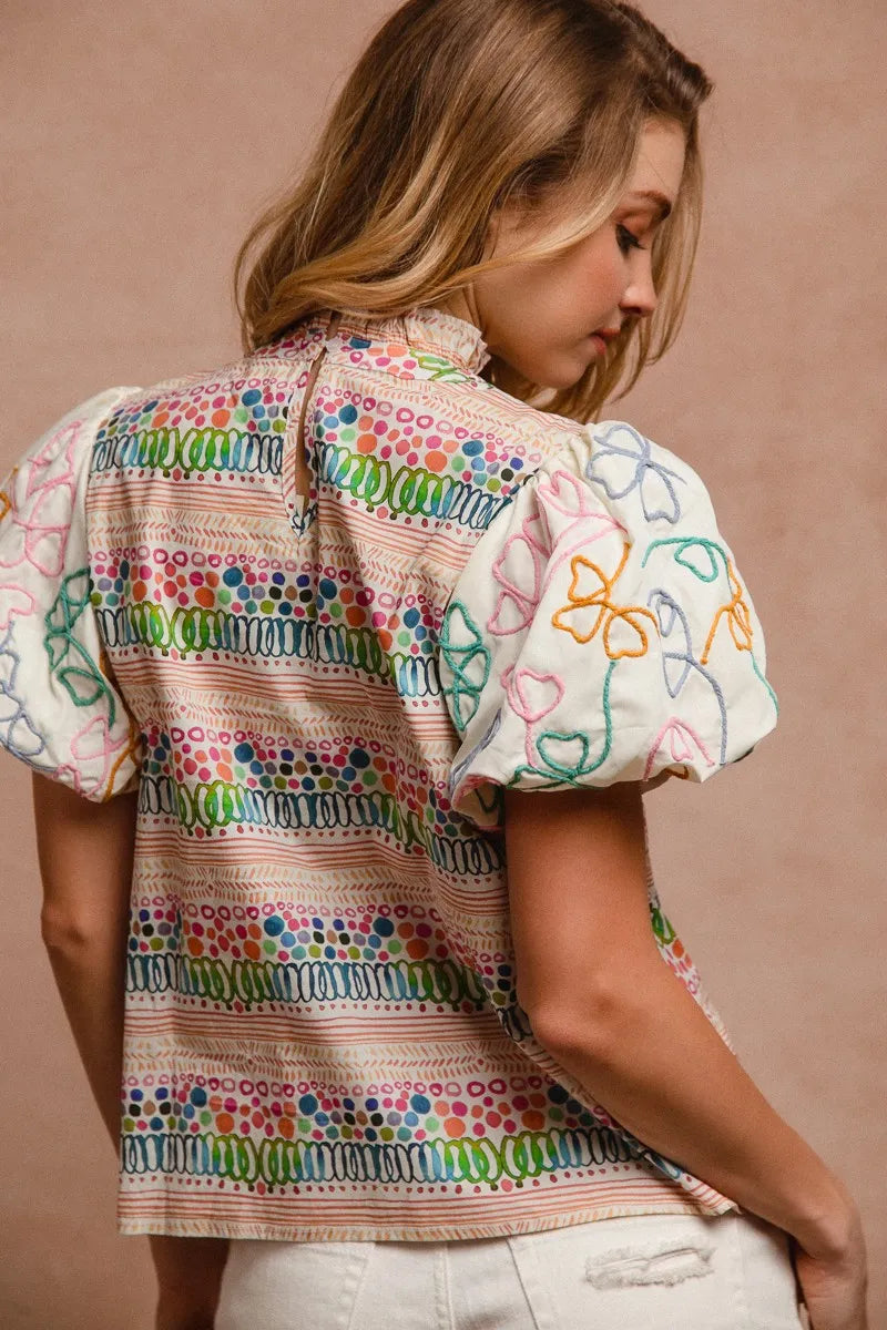 Ruffle Neckline Blouse With Embroidery Bubble Sleeve-BiBi-Reef Love