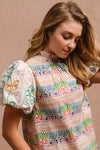 Ruffle Neckline Blouse With Embroidery Bubble Sleeve-BiBi-Reef Love