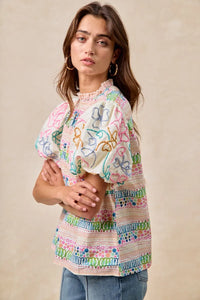 Ruffle Neckline Blouse With Embroidery Bubble Sleeve-BiBi-Reef Love