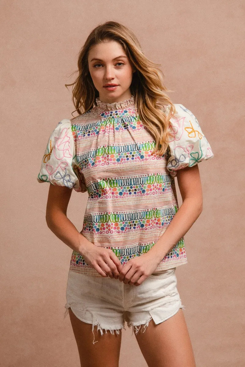 Ruffle Neckline Blouse With Embroidery Bubble Sleeve-BiBi-Reef Love