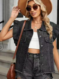 Ruffle Sleeve Denim Vest-Ruffle Sleeve Denim Vest in leopard, black, or grey. An exclusive design that blends edgy denim with playful ruffle detail.