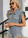 Ruffle Sleeve Denim Vest-Ruffle Sleeve Denim Vest in leopard, black, or grey. An exclusive design that blends edgy denim with playful ruffle detail.