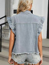 Ruffle Sleeve Denim Vest-Ruffle Sleeve Denim Vest in leopard, black, or grey. An exclusive design that blends edgy denim with playful ruffle detail.