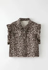 Ruffle Sleeve Denim Vest-Ruffle Sleeve Denim Vest in leopard, black, or grey. An exclusive design that blends edgy denim with playful ruffle detail.