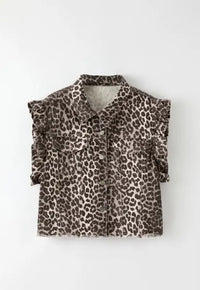 Ruffle Sleeve Denim Vest-Ruffle Sleeve Denim Vest in leopard, black, or grey. An exclusive design that blends edgy denim with playful ruffle detail.