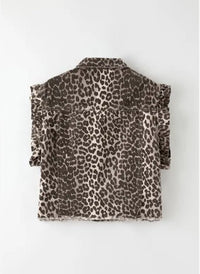 Ruffle Sleeve Denim Vest-Ruffle Sleeve Denim Vest in leopard, black, or grey. An exclusive design that blends edgy denim with playful ruffle detail.