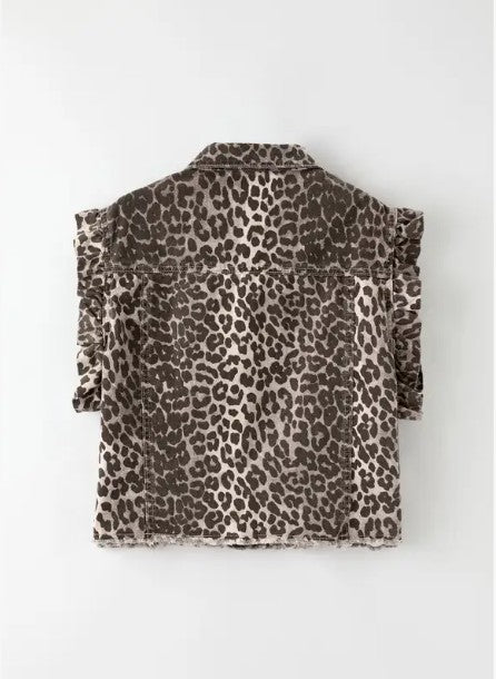 Ruffle Sleeve Denim Vest-Ruffle Sleeve Denim Vest in leopard, black, or grey. An exclusive design that blends edgy denim with playful ruffle detail.
