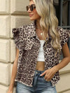 Leopard Print Ruffle Sleeve Denim Vest-Ruffle Sleeve Denim Vest in leopard, black, or grey. An exclusive design that blends edgy denim with playful ruffle detail.