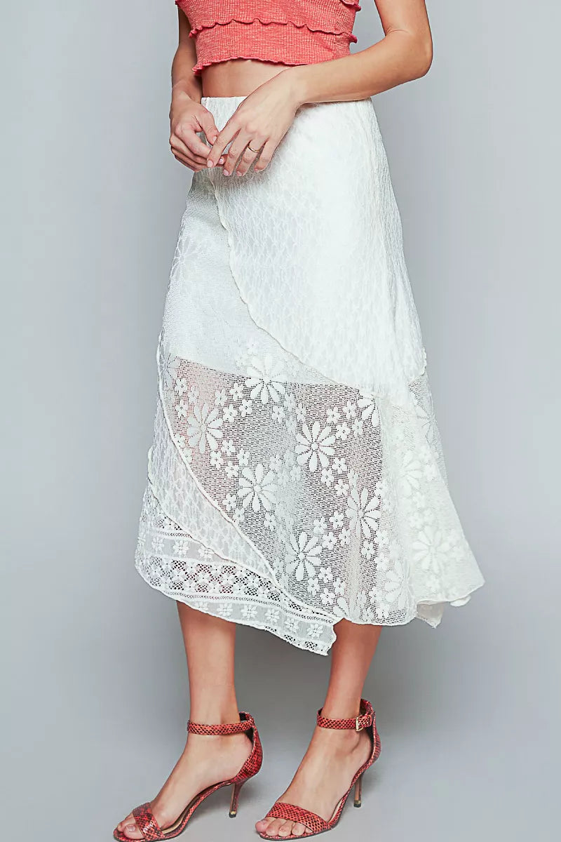 Ruffled Floral Crochet Lace Midi Skirt with Unbalanced Hem