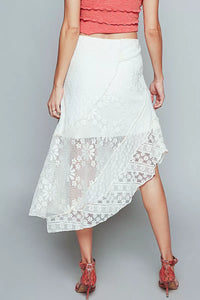 Ruffled Floral Crochet Lace Midi Skirt with Unbalanced Hem