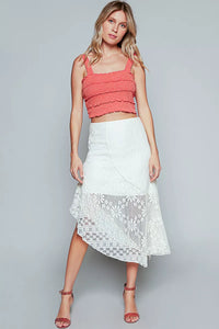 Ruffled Floral Crochet Lace Midi Skirt with Unbalanced Hem