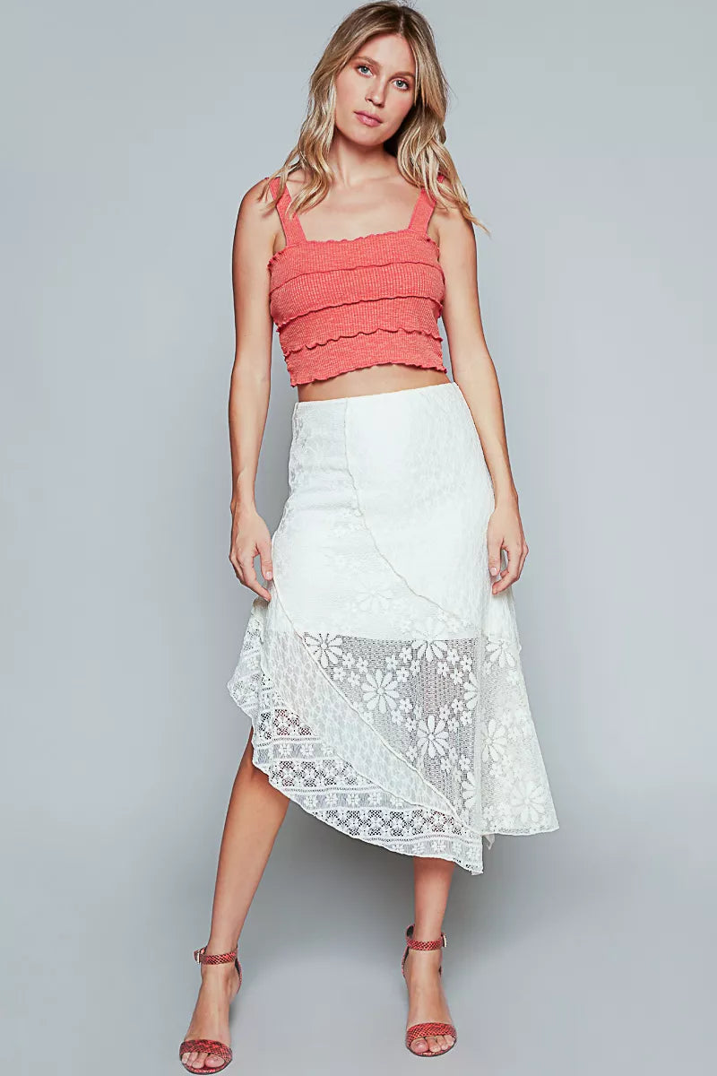 Ruffled Floral Crochet Lace Midi Skirt with Unbalanced Hem