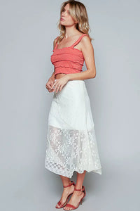Ruffled Floral Crochet Lace Midi Skirt with Unbalanced Hem