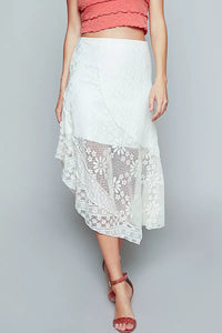 Ruffled Floral Crochet Lace Midi Skirt with Unbalanced Hem