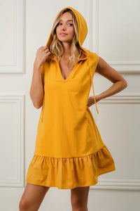 Ruffled French Terry Hooded Athleisure Mini Dress, Mustard-This Ruffled French Terry Hooded Dress combines feminine ruffles with a cozy French terry fabric and a practical hood making it perfect for a chic athleisure outfit.-Reef Love Boho-Chic Boutique