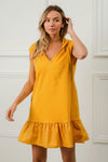 Ruffled French Terry Hooded Athleisure Mini Dress, Mustard-This Ruffled French Terry Hooded Dress combines feminine ruffles with a cozy French terry fabric and a practical hood making it perfect for a chic athleisure outfit.-Reef Love Boho-Chic Boutique
