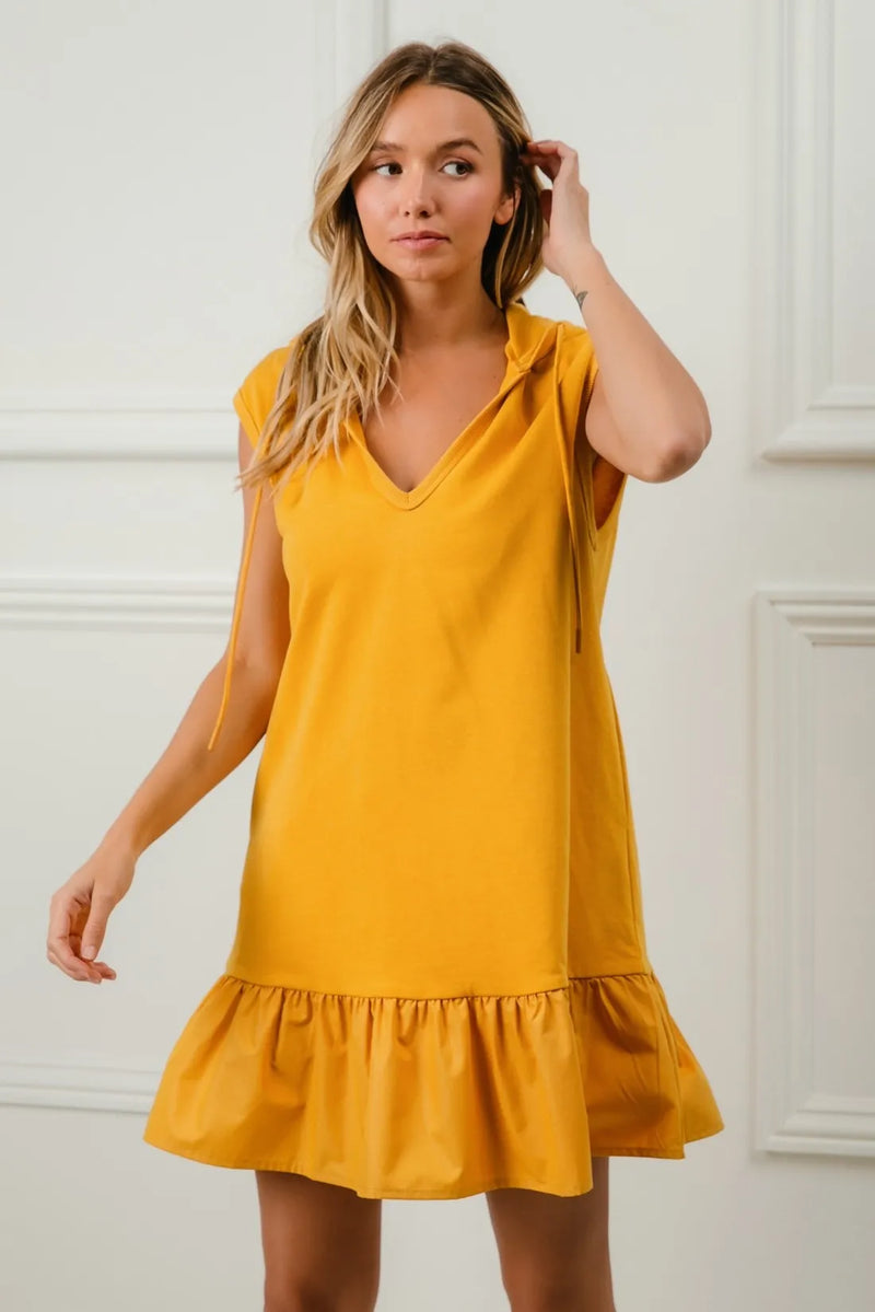 Ruffled French Terry Hooded Athleisure Mini Dress, Mustard-This Ruffled French Terry Hooded Dress combines feminine ruffles with a cozy French terry fabric and a practical hood making it perfect for a chic athleisure outfit.-Reef Love Boho-Chic Boutique