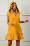 Ruffled French Terry Hooded Athleisure Mini Dress, Mustard-This Ruffled French Terry Hooded Dress combines feminine ruffles with a cozy French terry fabric and a practical hood making it perfect for a chic athleisure outfit.-Reef Love Boho-Chic Boutique