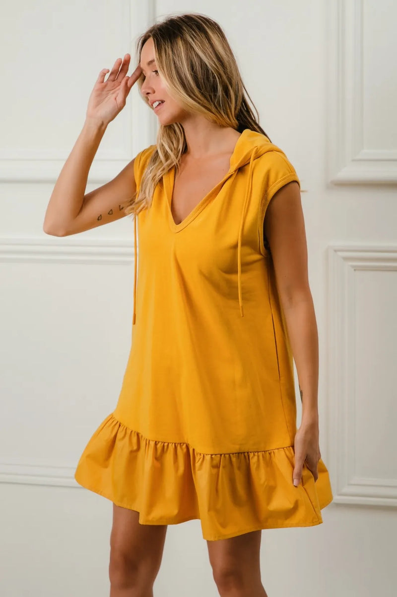 Ruffled French Terry Hooded Athleisure Mini Dress, Mustard-This Ruffled French Terry Hooded Dress combines feminine ruffles with a cozy French terry fabric and a practical hood making it perfect for a chic athleisure outfit.-Reef Love Boho-Chic Boutique