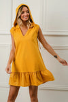 Ruffled French Terry Hooded Athleisure Mini Dress, Mustard-This Ruffled French Terry Hooded Dress combines feminine ruffles with a cozy French terry fabric and a practical hood making it perfect for a chic athleisure outfit.-Reef Love Boho-Chic Boutique