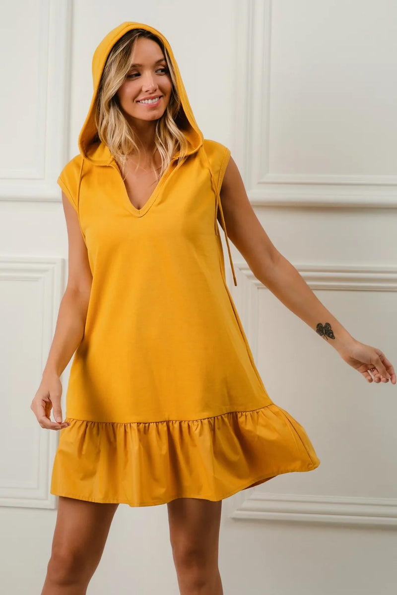 Ruffled French Terry Hooded Athleisure Mini Dress, Mustard-This Ruffled French Terry Hooded Dress combines feminine ruffles with a cozy French terry fabric and a practical hood making it perfect for a chic athleisure outfit.-Reef Love Boho-Chic Boutique