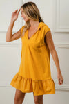 Ruffled French Terry Hooded Athleisure Mini Dress, Mustard-This Ruffled French Terry Hooded Dress combines feminine ruffles with a cozy French terry fabric and a practical hood making it perfect for a chic athleisure outfit.-Reef Love Boho-Chic Boutique
