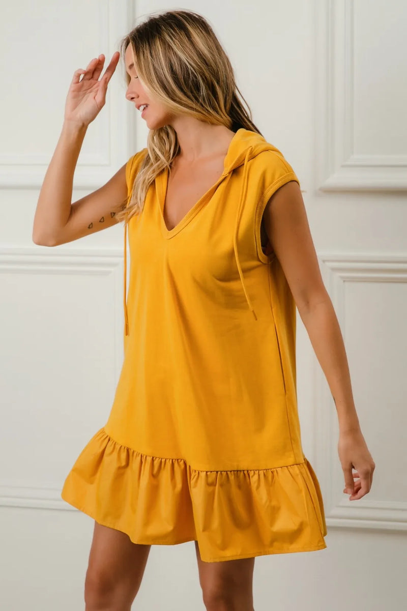 Ruffled French Terry Hooded Athleisure Mini Dress, Mustard-This Ruffled French Terry Hooded Dress combines feminine ruffles with a cozy French terry fabric and a practical hood making it perfect for a chic athleisure outfit.-Reef Love Boho-Chic Boutique