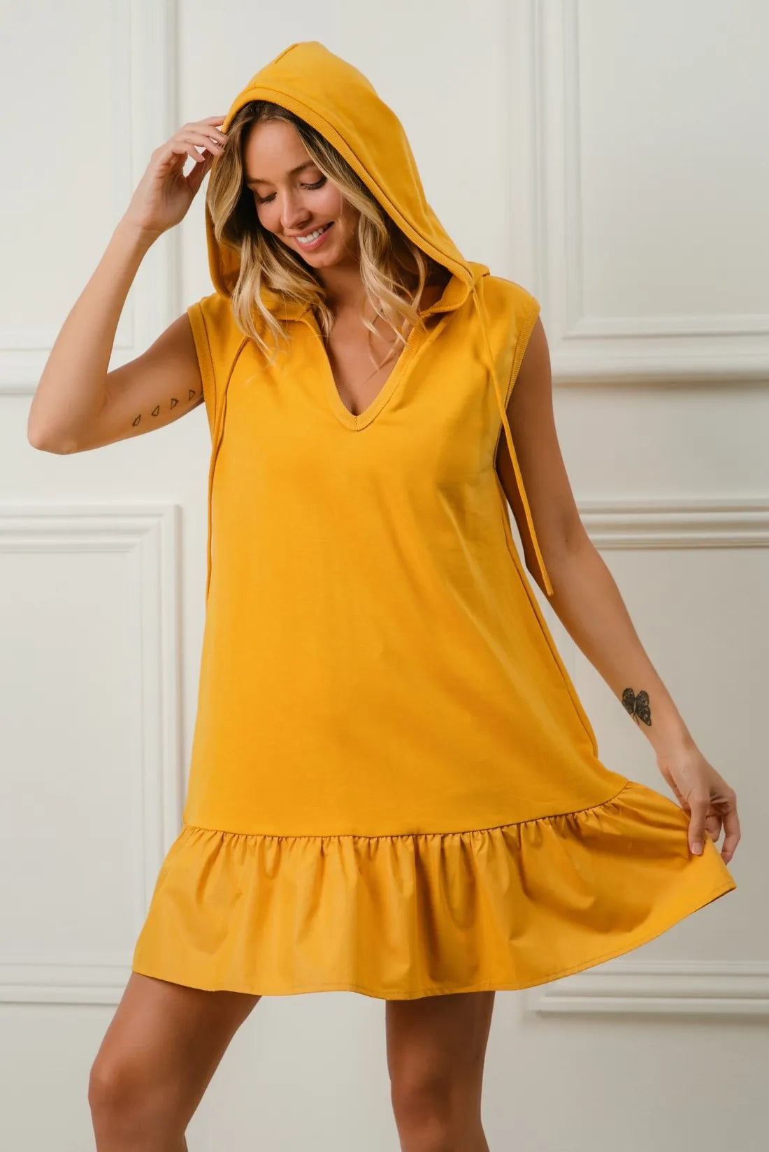 Ruffled French Terry Hooded Athleisure Mini Dress, Mustard-This Ruffled French Terry Hooded Dress combines feminine ruffles with a cozy French terry fabric and a practical hood making it perfect for a chic athleisure outfit.-Reef Love Boho-Chic Boutique
